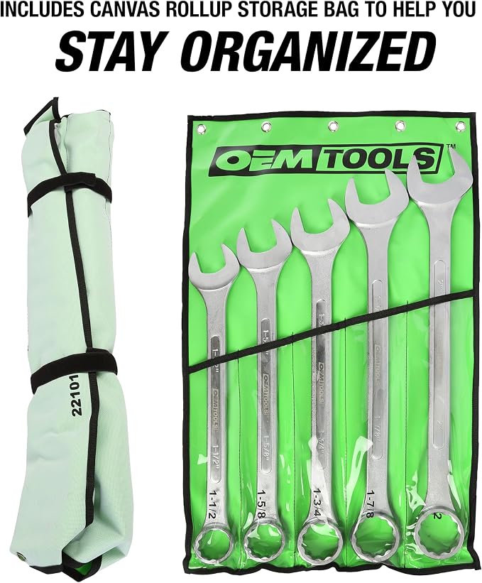 OEMTOOLS 22101 5 Piece SAE Jumbo Combination Wrench Set, Large Combination Wrench Set, SAE Sizes | Box End Metric Wrench Set, 15° Offset Wrenches, Chrome Plated Finish, Includes Canvas Wrench Roll, Drop-Forged Alloy Steel