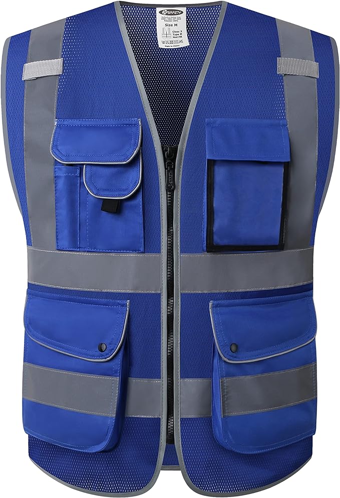 JKSafety 9 Pockets High Visibility Safety Vest for Men and Women, Hi-Vis Reflective Blue Safety Vests with Zipper Front, Meet ANSI/ISEA Standards (159-Blue XXL)