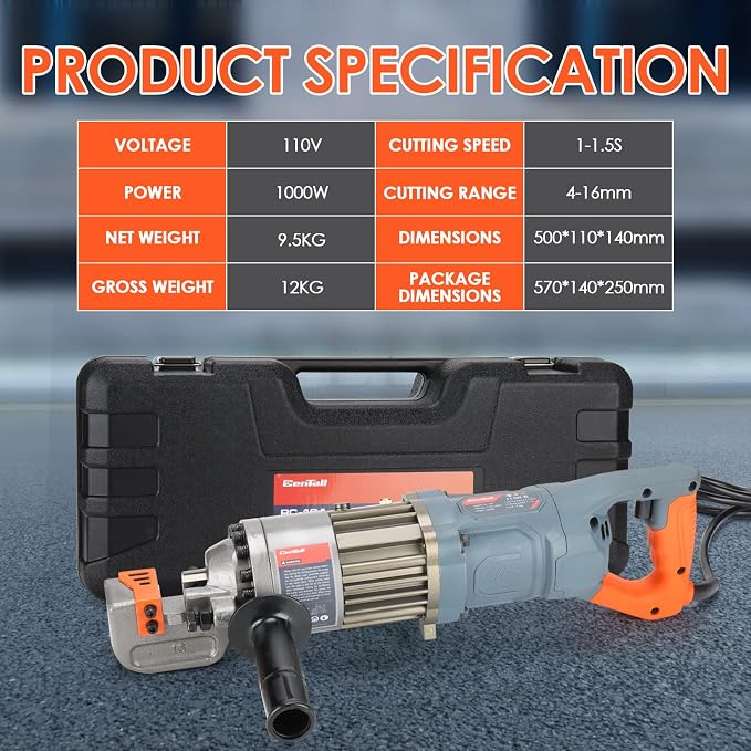 5/8" Electric Hydraulic Rebar Cutter 1-1.5s Cutting Speed Portable Rebar Cutter Cutting Rebar 4-16mm 1000w 120v/60hz RC16A (Grey + Orange)