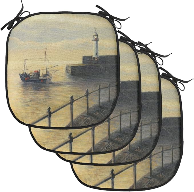 Lunarable Lighthouse Chair Cushion Pads Set of 4, Fishing Boat Leaving The Port in Mevagissey at Early Morning Sunrise View Landscape, Anti-Slip Seat Padding for Kitchen & Patio, 16"x16", Cream
