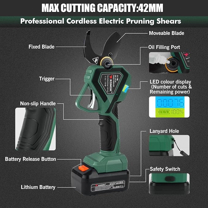 KOMOK Electric Pruning Shears, Professional Cordless Electric Pruners Battery Powered Tree Branch Cutter with 2 Rechargeable 2 Ah Lithium Batteries, 1.65" (42mm) Cutting Diameter 8-10 Working Hours