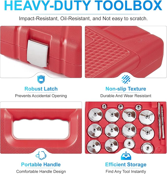 35PCS Oil Filter Wrench Set, 1/2" Drive Cup Type, Stainless Steel | Stainless Steel 1/2 Inch Drive Cup Type Remover Tool with Drain Plug Sockets for Car, SUV(Red-35PCS)