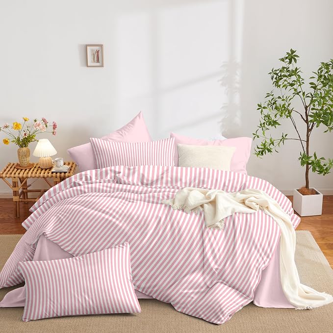 Sedefen Striped Duvet Cover Queen Size Pink Stripe Bedding Set for Girls 3 Pieces Soft Breathable Microfiber Reversible Geometric Stripes Duvet Cover Set with Zipper Closure and 2 Pillowcases