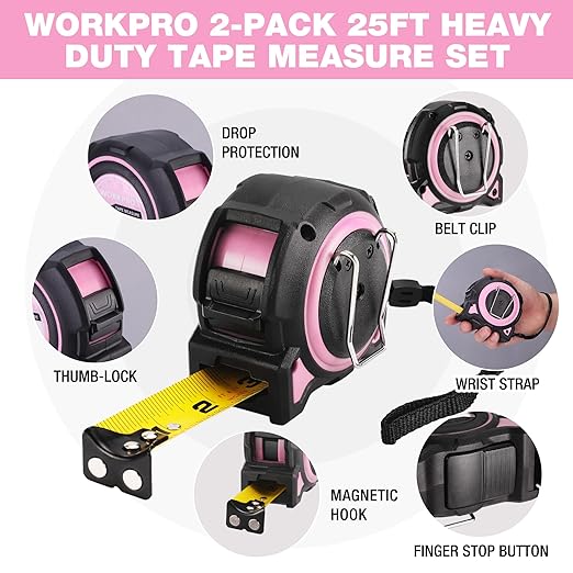 WORKPRO Pink Heavy Duty Tape Measure, 25FT Retractable Tape Measurement, Double Retract Long Stand Measuring Tape Accuracy 1/32 for Engineer, with Magnetic Hook, Belt Clip, Rubber Protective Casing