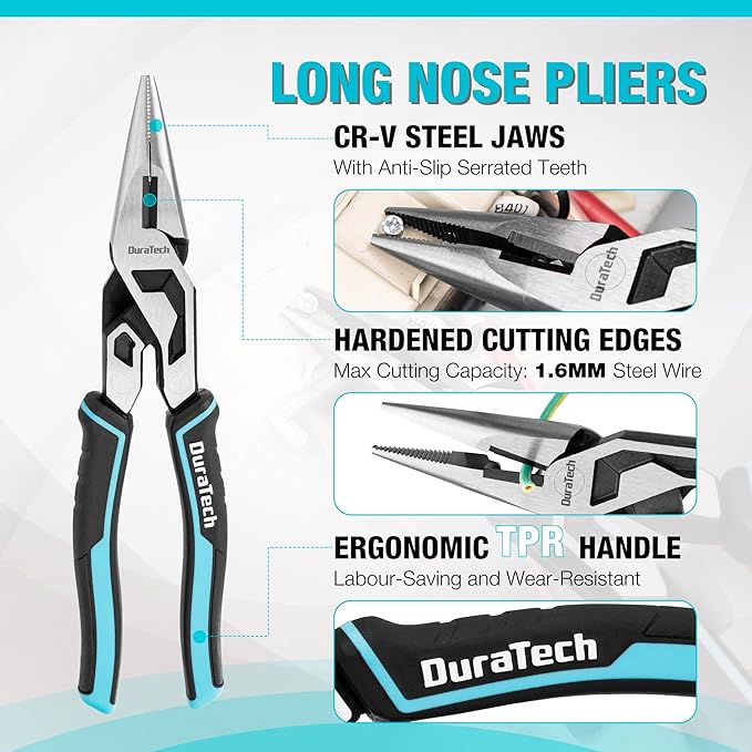 DURATECH 3-Piece Compound Pliers Set, Gen 2 Dual Pivot Design for Ultra Labor-Saving, High-Leverage 8.5" Needle Nose Pliers, 8" Diagonal Cutters, 8" Lineman's with Wire Cutter & TPR Grip, CR-V Steel