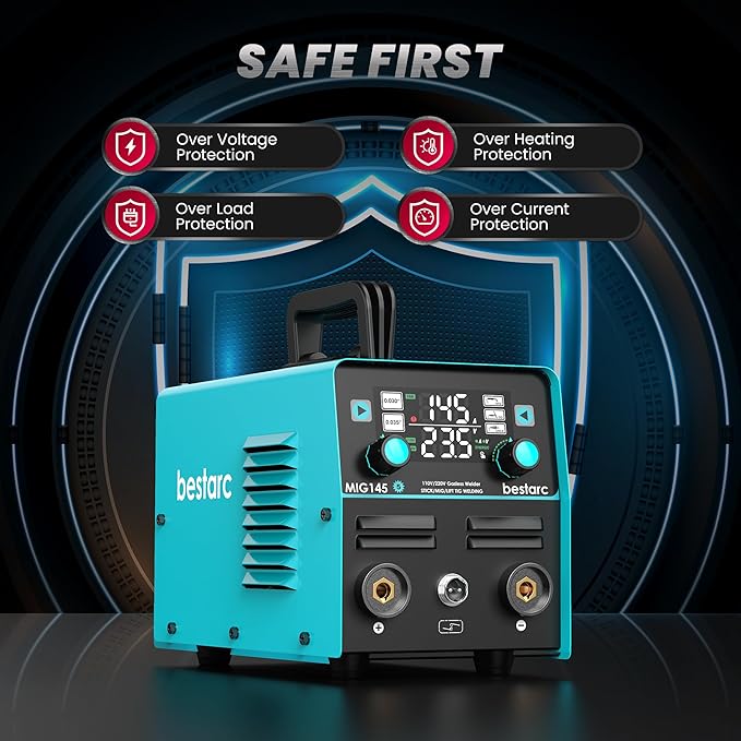 bestarc 145A MIG Welder, 110V/220V Gasless Flux Core MIG Welder/Lift TIG/Stick 3 in 1 Synergic MIG145 5GEN Welding Machine, Portable Flux Welder with Digital Screen Display
