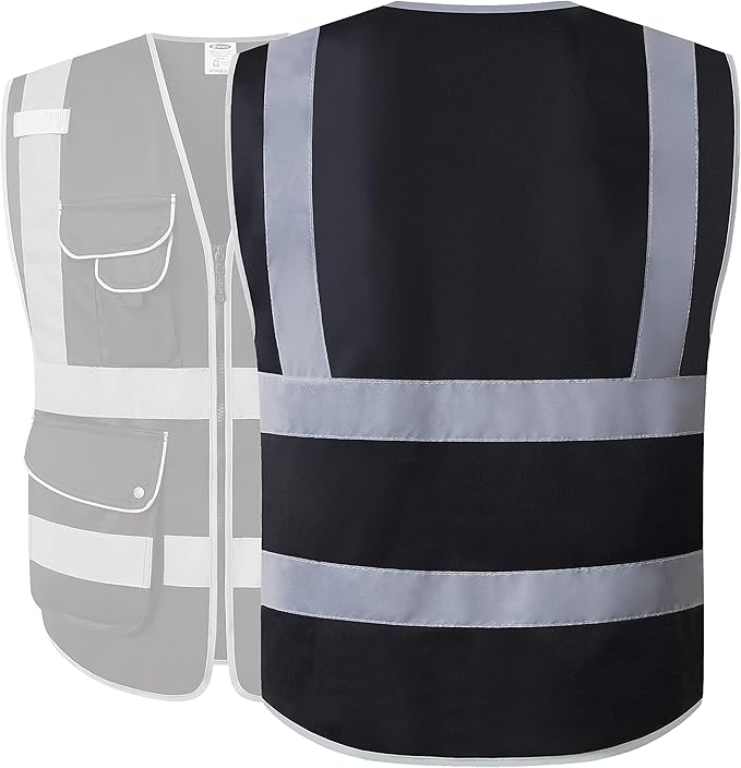 JKSafety 9 Multi-Functional Pockets Zipper Front Safety Vest With Reflective Strips Meet ANSI/ISEA Standards (150-Black, XX-Large)
