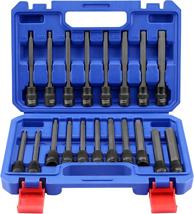 WORKPRO 19 Piece Extra Long Hex Bit Socket Set, Premium S2 Bits | 3/8 Inch Drive Bit, S2 Steel Long Allen Star Bits, CR-V Sockets, Storage Case, Use for Auto Repairing DIY Project