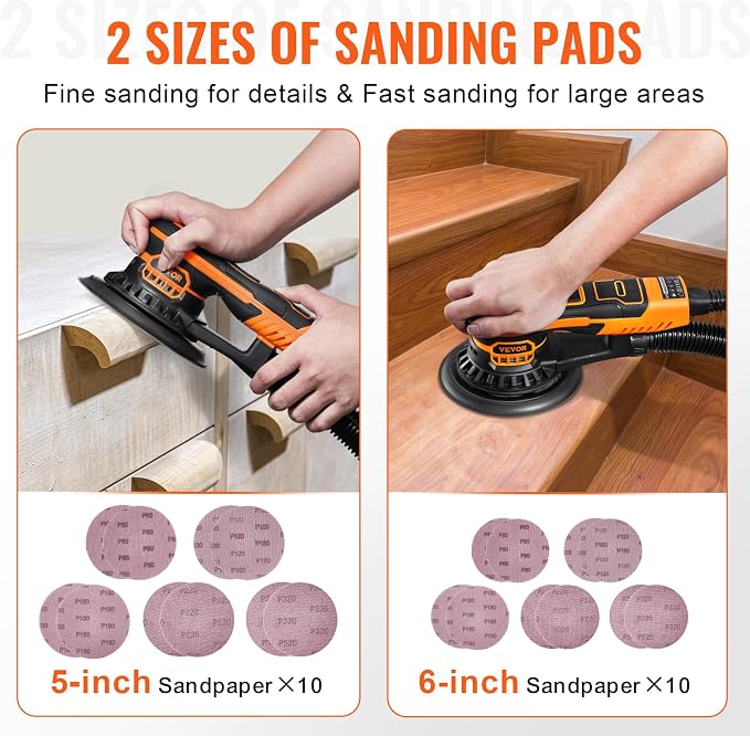 VEVOR Random Orbital Sander 5 & 6-Inch, 350W Brushless Orbital Sander, 10,000 PRM 6 Variable Speed Electric Palm Sander with 20PCS Sandpapers, Dust Connector & Hose for Woodworking Detailing Sanding