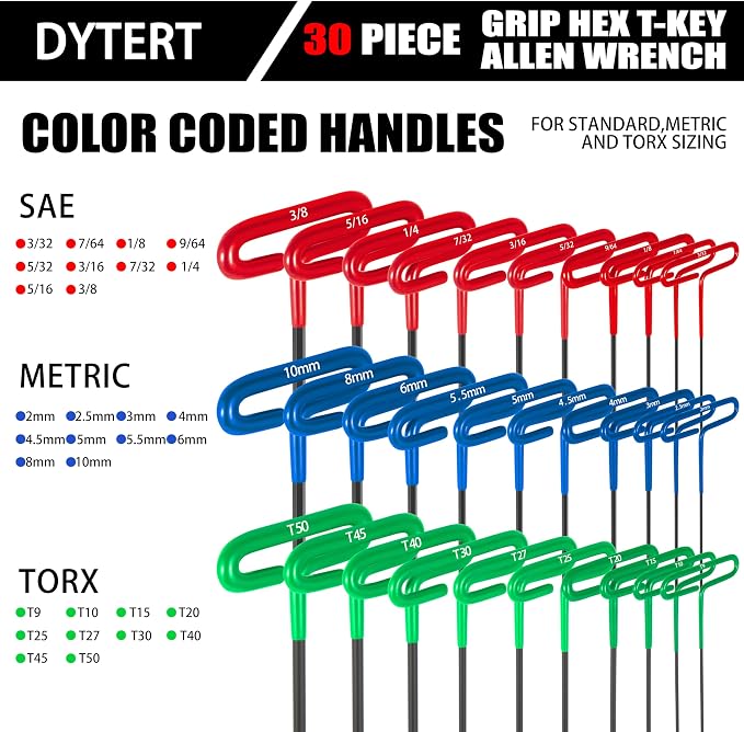 30-Piece T Handle Allen Wrench Set with Metric(2-10MM) & Inch(3/32-3/8) & Torx（T9-T50 Allen Hex Keys Wrench Set, 7.4 inches long, Cushion Grip
