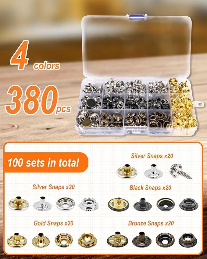 Heavy Duty Snap Fastener Tool with Case, Button Snap Replacement Kit Snap Tool with 100 Sets 4 Color Metal Snaps Buttons for Fastening/Boat Cover/Tarps/Leather/Sewing/Repair/Fabric/Canvas/DIY