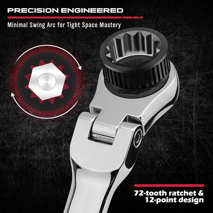 Extra Long Flex-Head Ratcheting Wrench Set, Anti-Slip 6-Piece Double Box End Wrench Set, 72-Teeth, Metric 8-19mm, CR-V Steel Wrench with Rolling Pouch