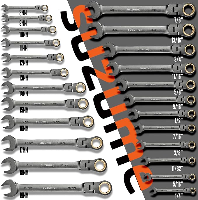 SUZUME 24-piece Flex Head Ratcheting Wrench Set Metric & SAE 180° flexible | 8-19mm & 1/4"-7/8" Cr-V Black Nickel Coating 72-tooth for Car, SUV, Pickup, Moto, Bike,Machine Repair Home DIY with Organizer