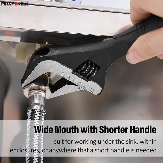 MAXPOWER 8-inch Wide Jaw Adjustable Wrench, 1.6" Jaw Opening, Soft Grips | Stubby Plumbing Wrench, Cr-V Steel, Smooth Jaws