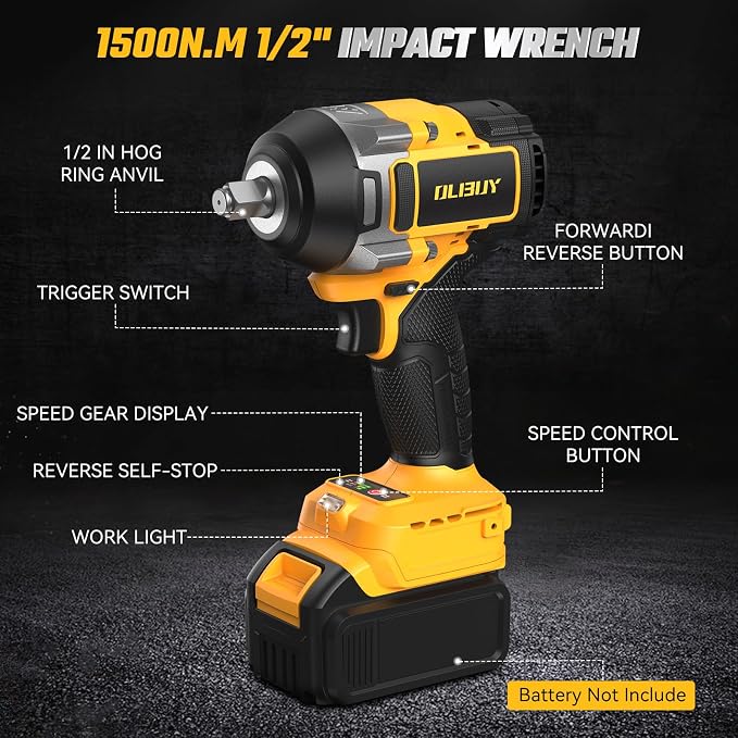 OLIBUY Cordless Impact Wrench for De-walt 20V Battery, 1106Ft-lbs (1500N.m) 1/2 Electric Impact Driver, 3 Speed High Torque Impact Gun with 6 Sockets, Impact Wrench for Car Home Mower (No Battery)