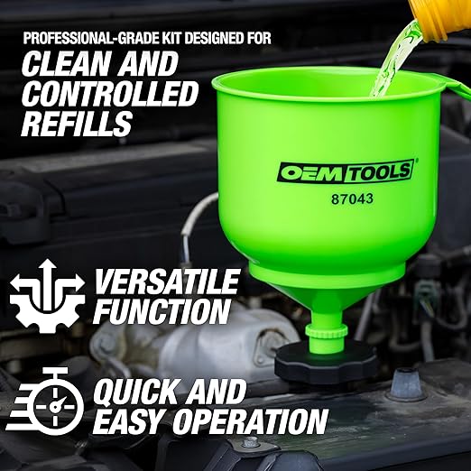 OEMTOOLS 87043 No-Spill Professional Quality Coolant Funnel Kit, Easily Fill Antifreeze Coolant Set Includes 5 Adapters, Extensions, and Automotive Funnel, Air Venting, Drip-Free, Green