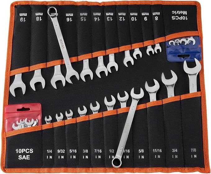 VEVOR Combination Wrench Set, 42-Piece SAE and Metric, 12-Point Box End and 15° Angled Open End Combination Wrenches with Roll Up Pouch, Carbon Steel, for General Household and Automotive Repairs