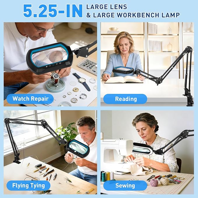 HITTI 12X Square Ultra Long Magnifying Glass with Light and Clamp