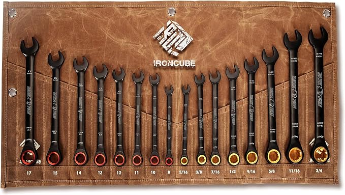 ironcube 16-Piece SAE/Metric CR-V 72-Tooth Ratcheting Wrench Set | For mechanics and automotive DIYers who need faster access and organized sizing for garage maintenance, 8-17mm & 5/16"-3/4"