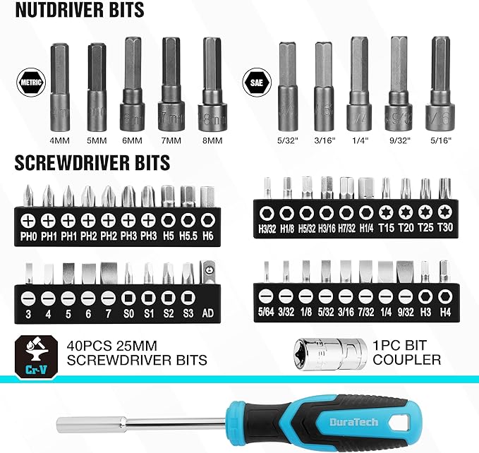 DURATECH 121-Piece Mechanics Tool Kits with Carrying Tool Box | Include SAE/Metric Sockets Set, 72-Tooth Drive Ratchet, 40-in-1 Magnetic Screwdriver, and Hex Keys for Auto Repair