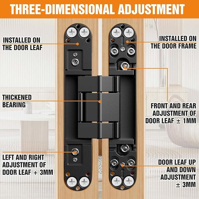 7" Hidden Door Hinge/Concealed Hinges,Invisible Hinges,Invisible Door Silent 180 Degree Swing Hinge 3-Way Adjustable Butt 7 x 2.8 x 1 (Black, 7 inches)