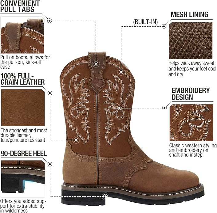 HISEA NINGO Steel Toe Work Boots for Men, Waterproof Square Toe Cowboy Boots Slip on, Comfortable Soft Toe Pull on Western Safety Work Shoes for Construction Industrial Working Welding Riding, Brown