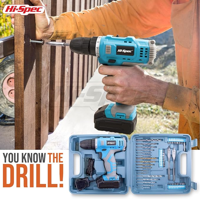 Hi-Spec Cordless Drill Set 50pc 12V Electric Power Driver in a Toolbox Case. Includes Rechargeable Battery, Power Screwdriver Bits, Wood, Metal, and Masonry Drill Bit Set Accessories