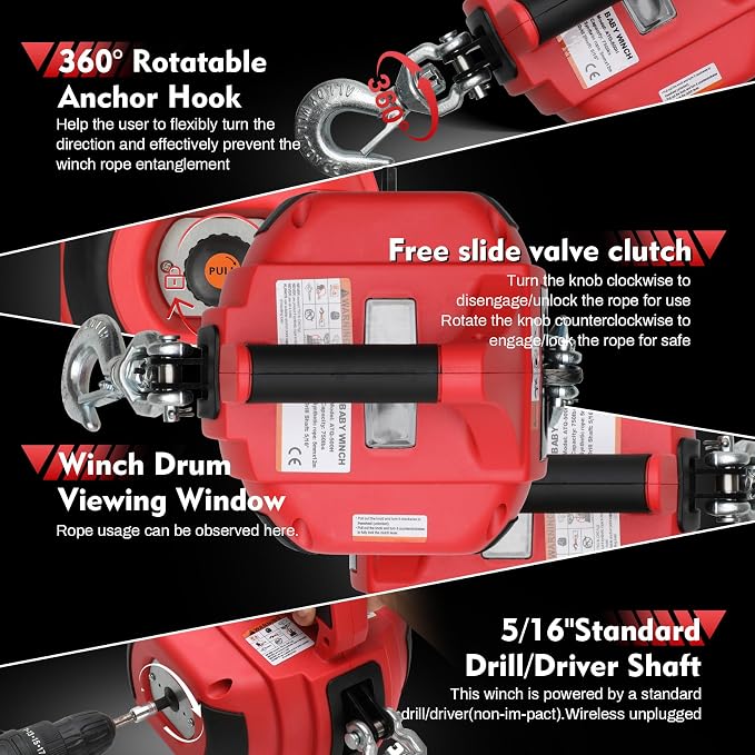 Portable Drill Winch of 1000 Lbs, Red Handheld Drill Winch with 40 Foot Synthetic Rope, Rotate The Hook 360 Degrees, for Lifting & Dragging(Red)