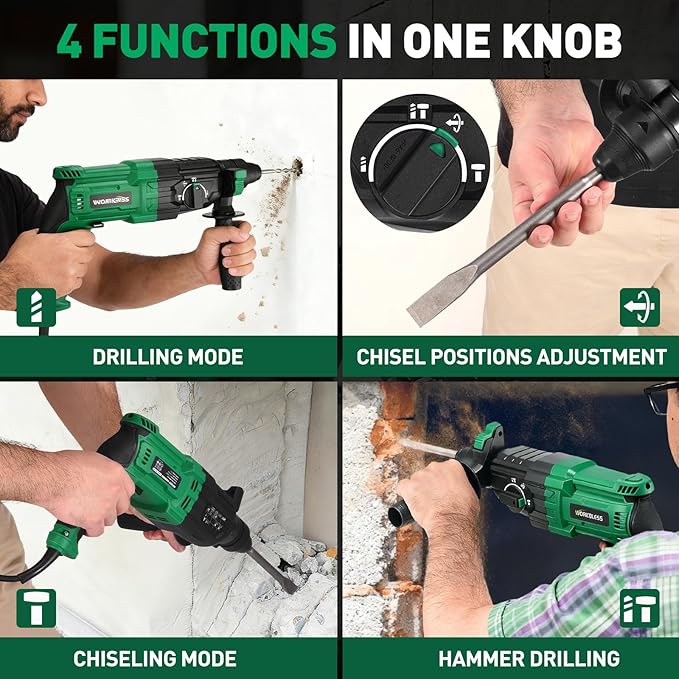 1 Inch SDS-Plus Rotary Hammer Drill, 8Amp, 3.0J 4 Functions Variable Speed Hammer Drill with Safety Clutch for Concrete Demolition Chipping,3 Drill Bits, 2 Chisels, 1 Adapter