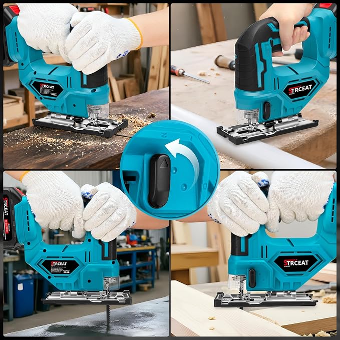 21V Cordless Jigsaw Tool, Electric Jig Saw with 2× 2.0Ah Batteries, 0°-45° Bevel Cuts, 4 Orbital Settings for Wood Cutting, 2800SPM Variable Speed, Mini Jigsaw for Straight/Curve/Circle Cutting (Blue)