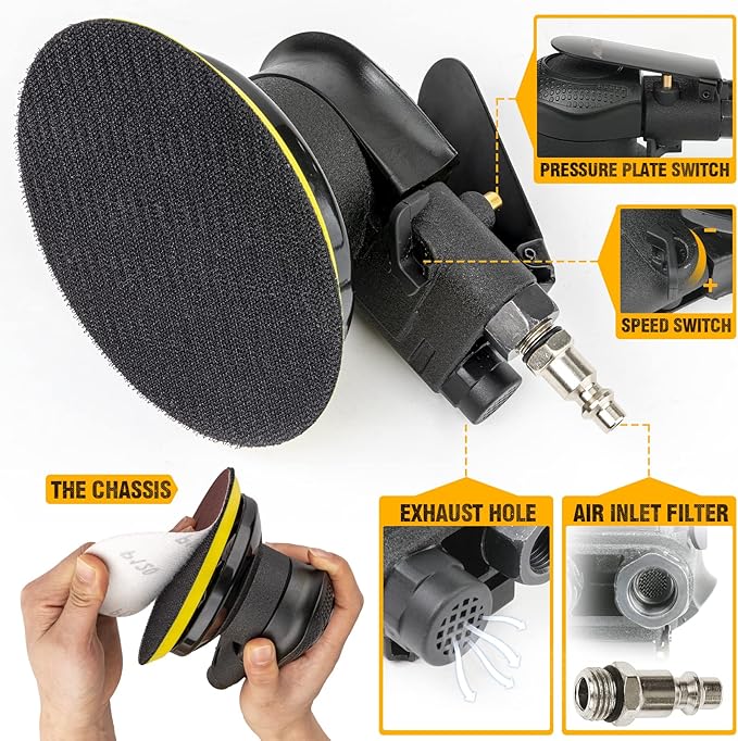 Autolock 5 Inche Air Random Orbital Sander, Pneumatic Palm Car Sander For Wood Polisher Metal, Auto Body Work, Da Sanders, Dual-action Sander(1pcs)