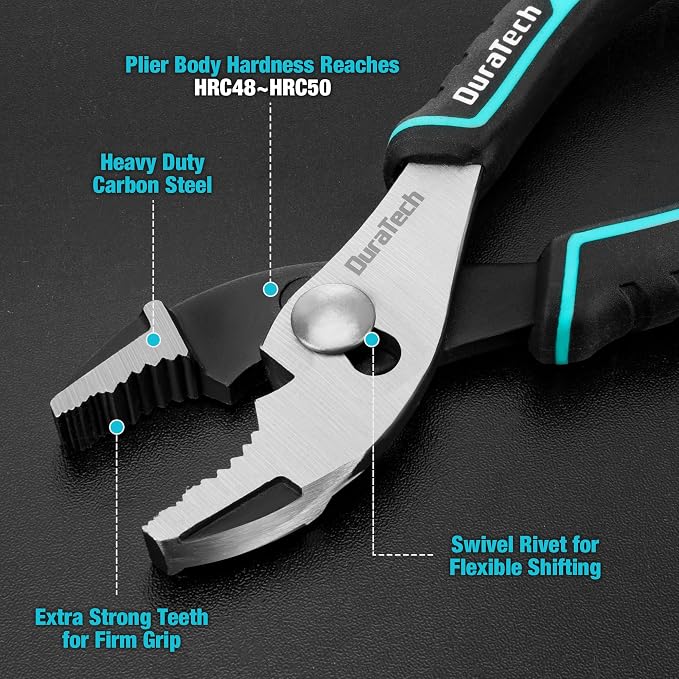 DURATECH 6 Inch Slip Joint Pliers, Small Pliers with Comfortable TPR Handle, High Carbon Steel, Swivel Rivet & 15-Piece Universal Ratcheting Serpentine Belt Tool Set