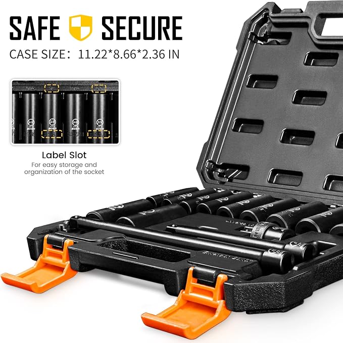 BOEN 14-Piece 3/8" Drive Deep SAE Impact Socket Set, 3/8" to 1" Socket, 3/8-Inch Drive Universal Joint丨6", 10" Extension Bars, 6 Point Design, Cr-V Steel, Heavy Duty Storage Case