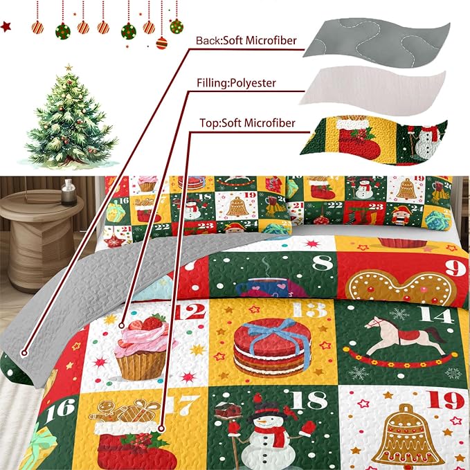Merry Christmas Patchwork Quilt Set King - Santa Claus Snowman Socks Calendar Checkered Holiday Bedding Set - Soft Microfiber Lightweight Comforter Coverlet Bedspread(Calendar, King(90"x104"))