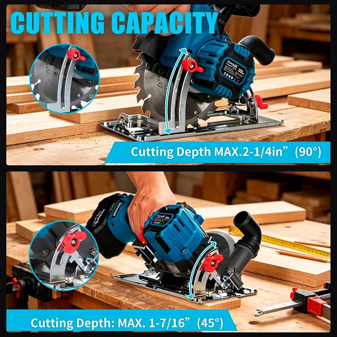 AwxryoX 6-1/2" Cordless Circular Saw,Brushless Sierra Circular with 2 x 6.0Ah Battery & 3 Blade,Electric Hand Circle Saw 0-45° Cutting Bevel,Max Cut Depth 2-1/4"(90°),1-7/16" (45°) for Wood Metal PVC