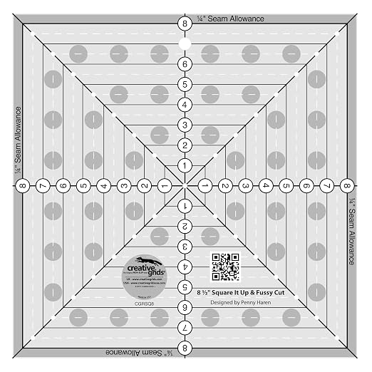 Creative Grids 8-1/2in Square It Up or Fussy Cut Square Quilting Ruler – CGRSQ8 – Made in USA, Non-Slip Grip Acrylic Quilting, Sewing, Crafting, Patchwork Ruler & Template