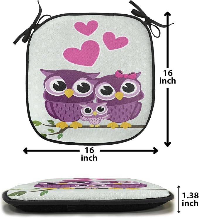 Lunarable Owls Chair Cushion Pads Set of 6, Animal Couple Owl Sitting on a Branch Family Portrait Cartoon Art, Anti-Slip Seat Padding for Kitchen & Patio, 16"x16", Purple Yellow Pink