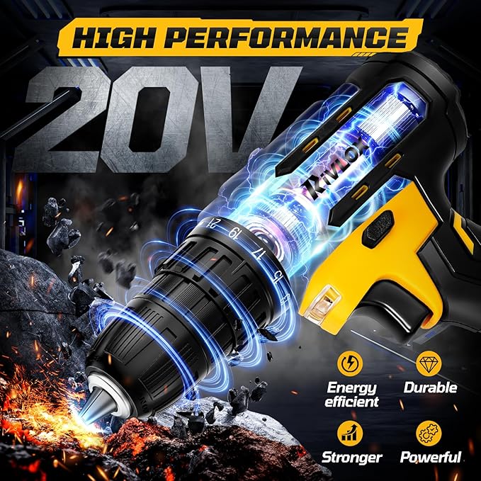 20V Cordless Drill Set,Electric Power Drill Cordless,Power Drill Drivers,Electric Screwdriver - 2.0Ah Batteries, 30Nm，21+1 Torque,2 Speed, Built-in LED,Kit for Home, Yellow