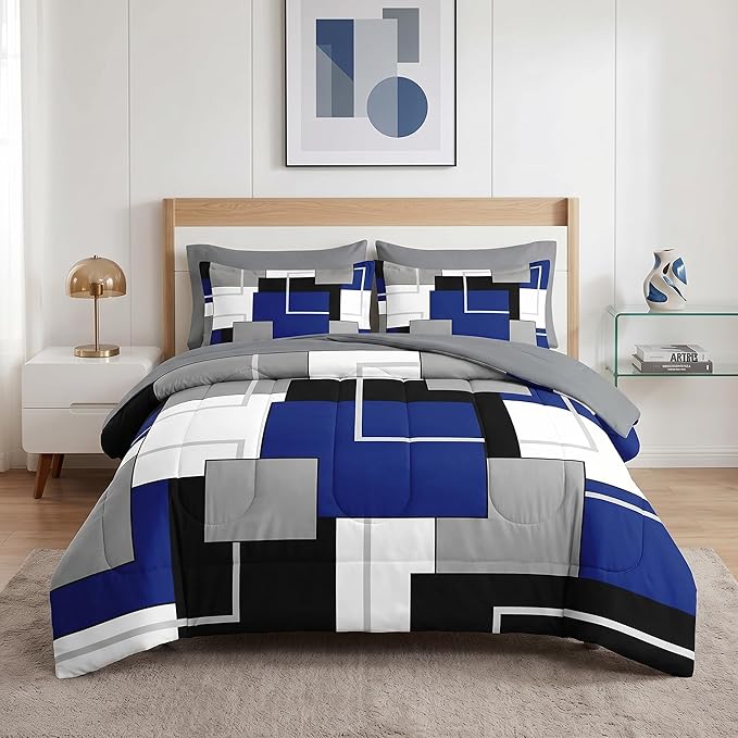 Nesker Comforter Set King Size, Blue Black Geometric 7 Pcs Bedding for Kids and Adults, Grey Abstract Modern Bed Sheet Sets with Fitted Sheet 2 Pillowcases & 2 Shams