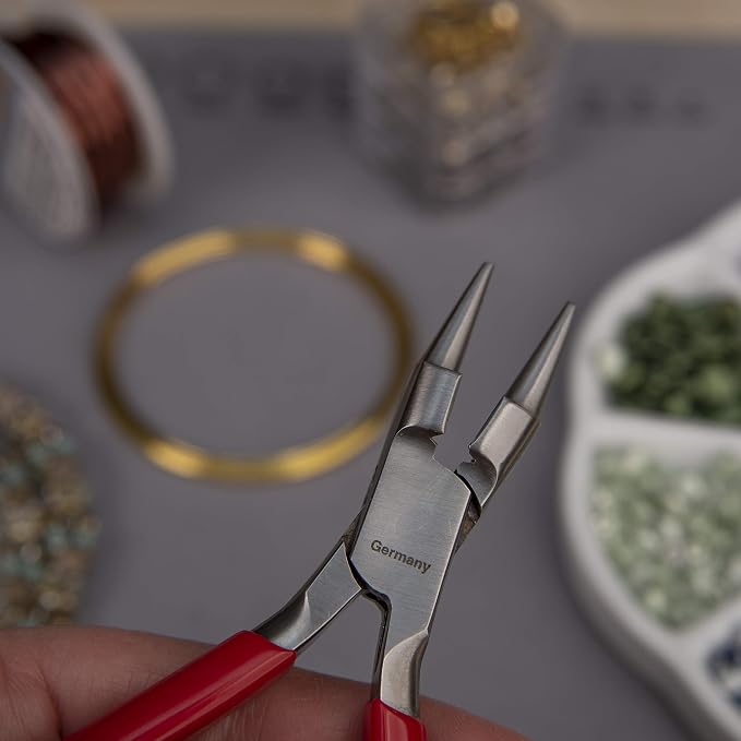 The Beadsmith Platinum Series German Combination Round Nose Pliers and Cutter (Rosary Pliers), 5.5 inches (140mm) with Polished Steel Head, red PVC Comfort Grip Handle, and no Spring