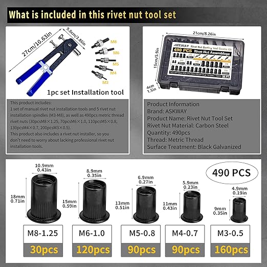 Rivet Nut Tool Kit, 490Pcs Black Zinc Metric Rivet Nut Combination (M8/M6/M5/M4/M3), Suitable for Automotive, Marine and Industrial Applications (Black 490PCS Rivet Nut Tool Kit)