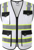 JKSafety Hi Vis Reflective Safety Vests for Men Women High Visibility Vest with Pockets Mesh Fabric Construction Safety Apparel Neon Vest for Work (220-White M)