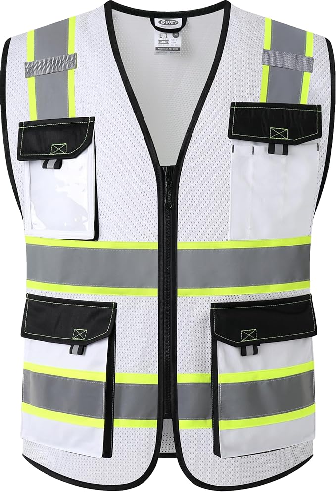 JKSafety Hi Vis Reflective Safety Vests for Men Women High Visibility Vest with Pockets Mesh Fabric Construction Safety Apparel Neon Vest for Work (220-White XL)