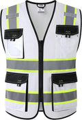 JKSafety Hi Vis Reflective Safety Vests for Men Women High Visibility Vest with Pockets Mesh Fabric Construction Safety Apparel Neon Vest for Work (220-White XL)