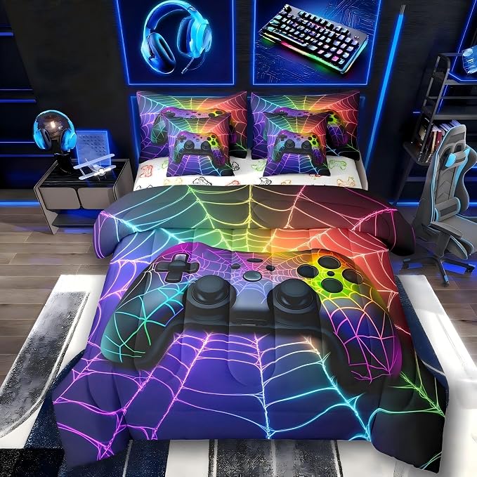 Erosebridal Game Consoles Bed in a Bag King Size Comforter Set 7 Pieces,Rainbow Spider Web Gamepad Bedding Set,Gamer Comforter and Sheet Set Gothic Cobweb Bed Set,Gaming Decor for Boys Bedroom Decor