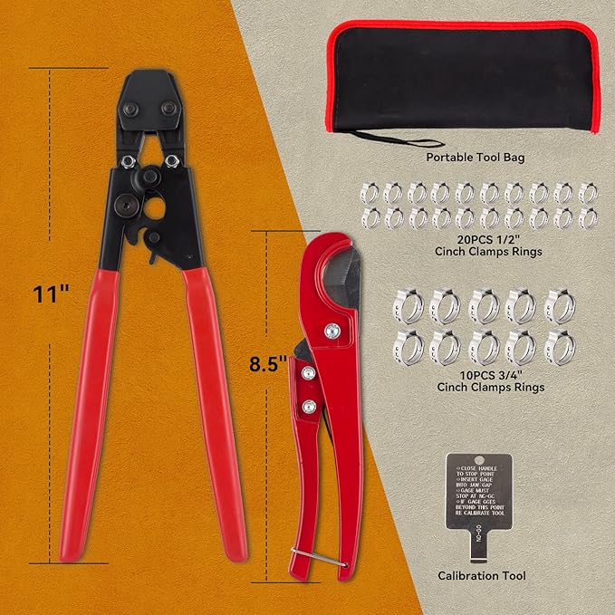 PEX Cinch Clamp Crimping Tool,Pex Crimp Kit for 3/8" to 1" Stainless Steel Clamps Including 20pcs 1/2",10pcs 3/4" Clamps with Pipe Cutter,PEX Pipe Tubing Connect Tools Suit US F2098 Standards