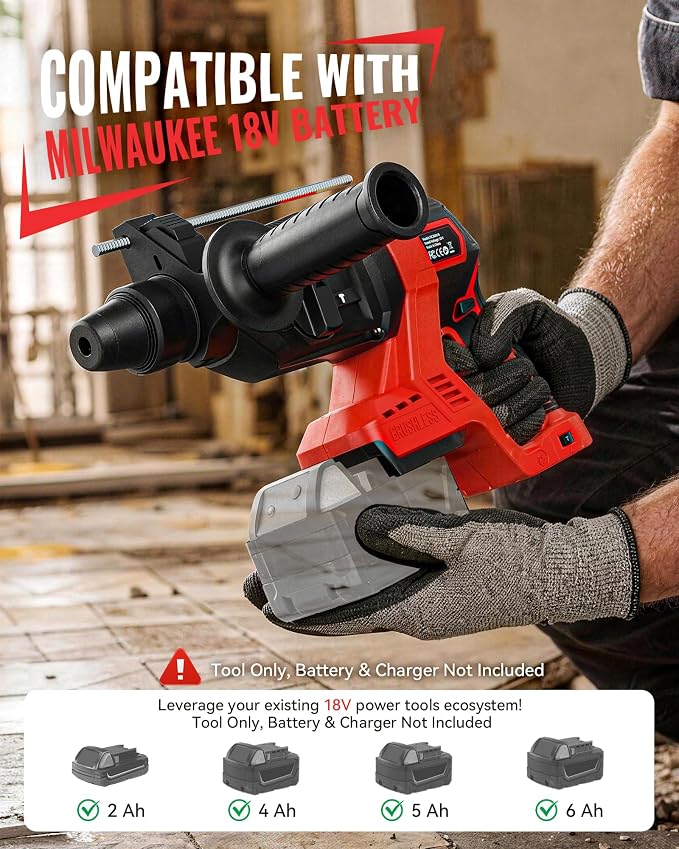 MtiolHig 1" SDS-Plus Cordless Rotary Hammer Drill Compatible with Milwaukee 18V Battery, 3J Impact Energy Brushless Motor, 7-Speed Variable 4-Mode with 5 Chisel/Bit Set for Concrete/Masonry, Tool Only