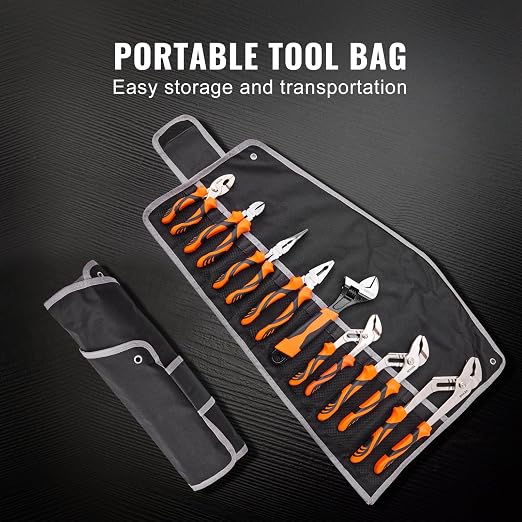 VEVOR 8-Piece Pliers Set with Tool Roll, High Carbon Steel-12"/10"/8" Groove Joint -8"Linesman's -6" Slip Joint Pliers-8" Long Nose Pliers-6" Diagonal Cutter-10" Adjustable Wrench