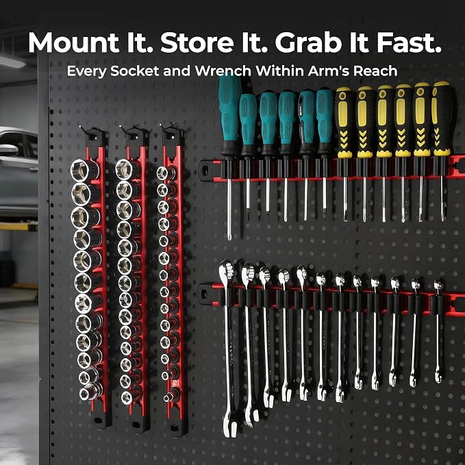 Reniteco 6-Piece Magnetic Socket Organizer and Screwdriver Organizer Set | 3-Piece 1/4", 3/8" & 1/2" Drive Socket Rails, 3-Piece Wrench Screwdriver Holder, Interchangeable Clips, Aluminum Alloy Rail