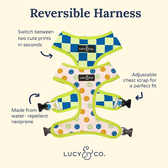 Lucy & Co. Reversible Dog Harness - Water-Repellent Neoprene, Dual-Print Design, Easy Swap Style, Adjustable Comfort Fit - Have a Nice Day Reversible Harness - Large